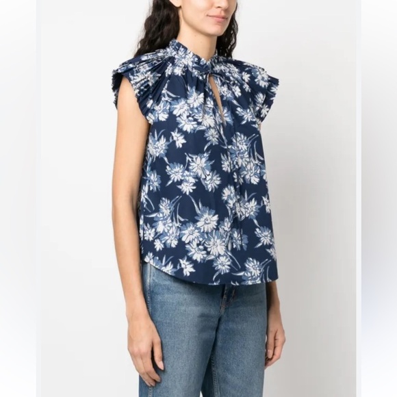 Polo Ralph Lauren Blue Floral Print Ruffle Sleeve Blouse SZ 2 - Picture 1 of 7